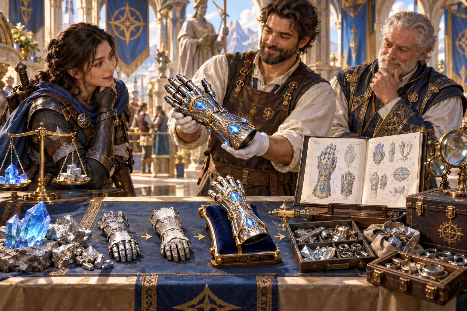 Craftspeople review a completed fantasy gauntlet beside a project book, materials and quality examples.