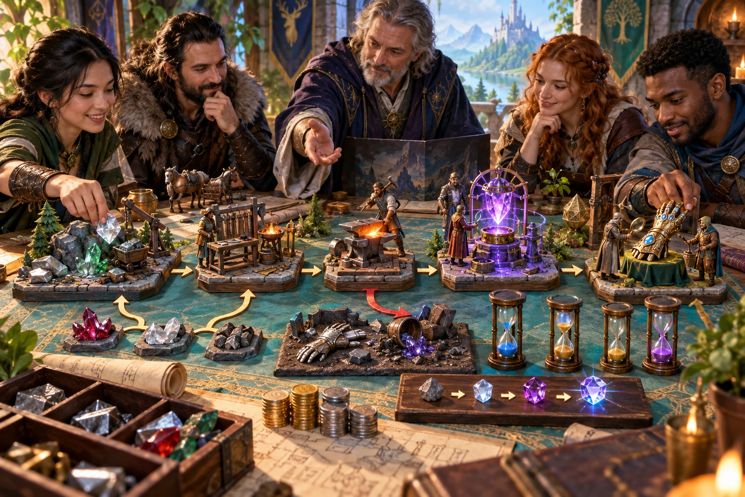 Companions plan material choices, connected workshop stages and recovery paths with miniatures at a campaign table.